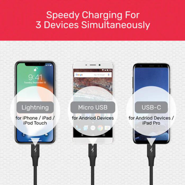 Unitek 1.2m 3-in-1 USB-A to USC-C & More